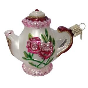 Old World Christmas Glass Ornament Pink White Teapot Rose Glitter